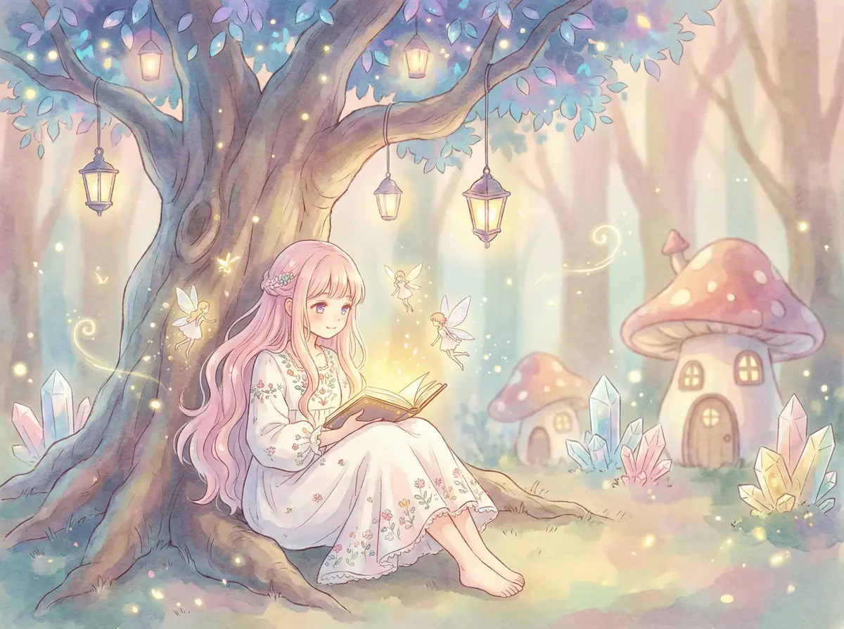 免费ai脱衣 - 魔法森林中阅读故事书的粉发少女与精灵